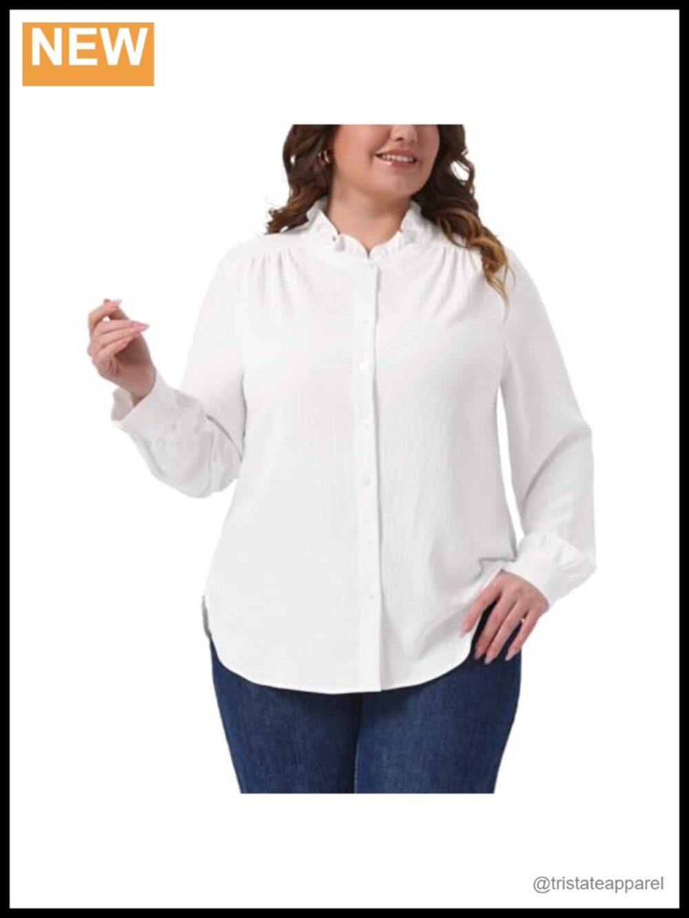 Plus Size Ruffle Collar Long Sleeve Button Down Work Top Blouse